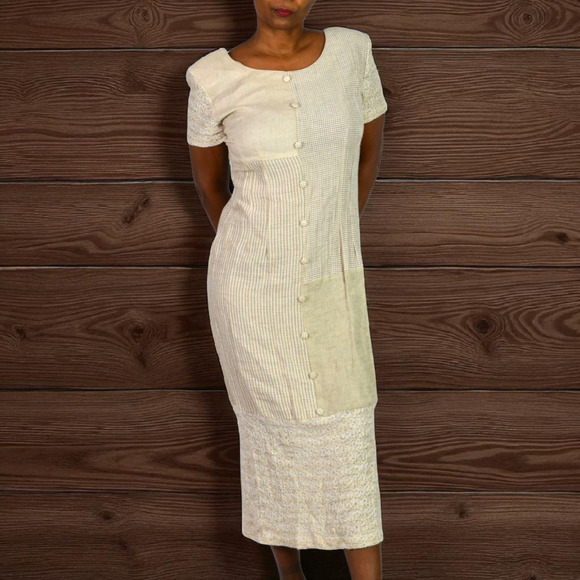 KC Spencer Column Straight Midi Dress Tan Mixed Print Checks Gingham Deadstock 8 - Picture 1 of 16